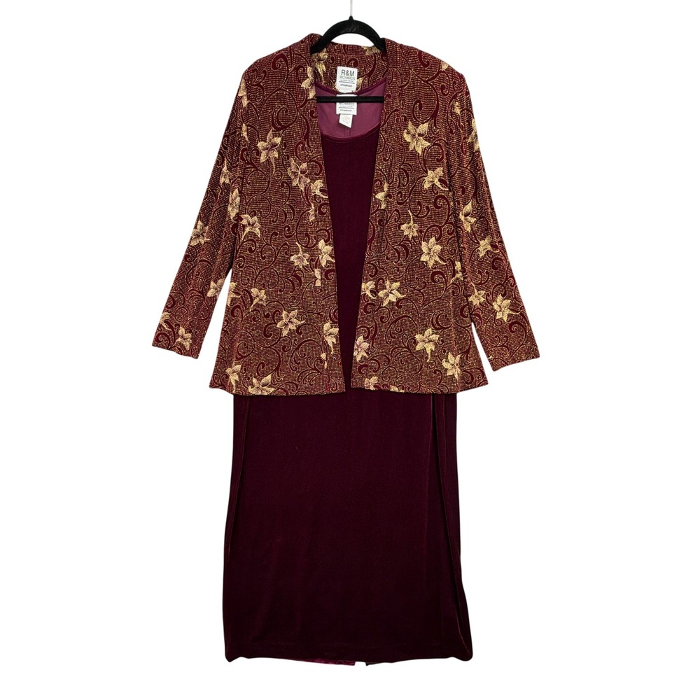 VTG R&M Richards 14W Velvet Maxi Dress Gold Glitter Floral Jacket Formal Set Red